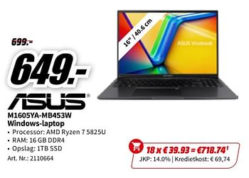 Promoties Asus m1605ya-mb453w windows-laptop - Asus - Geldig van 23/11/2023 tot 27/11/2023 bij Media Markt