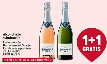 Promoties Alcoholvrije schuimwijn codorníu - zero brut of rosé uit spanje - Schuimwijnen - Geldig van 23/11/2023 tot 29/11/2023 bij Delhaize