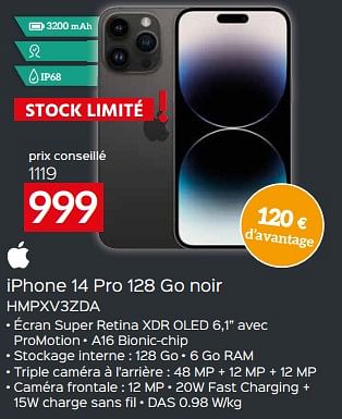 Promotions Apple iphone 14 pro 128 go noir hmpxv3zda - Apple - Valide de 17/11/2023 à 27/11/2023 chez Selexion