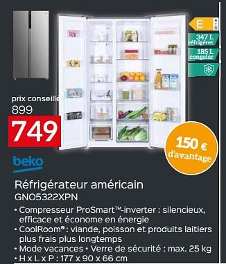 Promotions Beko réfrigérateur américain gno5322xpn - Beko - Valide de 17/11/2023 à 27/11/2023 chez Selexion
