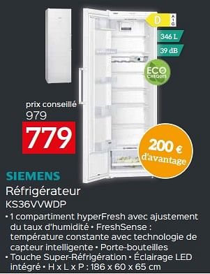 Promotions Siemens réfrigérateur ks36vvwdp - Siemens - Valide de 17/11/2023 à 27/11/2023 chez Selexion