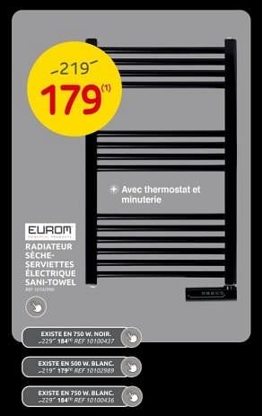 Promotions Eurom radiateur sècheserviettes électrique sani-towel - Eurom - Valide de 15/11/2023 à 27/11/2023 chez Brico