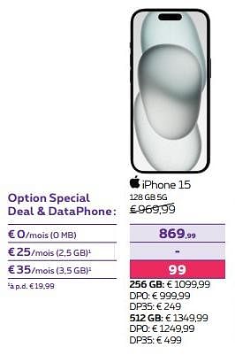 Promotions Apple iphone 15 128 gb 5g - Apple - Valide de 15/11/2023 à 27/11/2023 chez Proximus