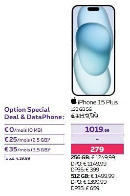 Promotions Apple iphone 15 plus 128 gb 5g - Apple - Valide de 15/11/2023 à 27/11/2023 chez Proximus