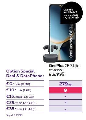 Promotions Oneplus ce 3 lite 128 gb 5g - OnePlus - Valide de 15/11/2023 à 27/11/2023 chez Proximus