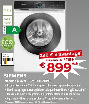 Promotions Siemens machine à laver - sswg44b20pfg - Siemens - Valide de 17/11/2023 à 27/11/2023 chez Exellent