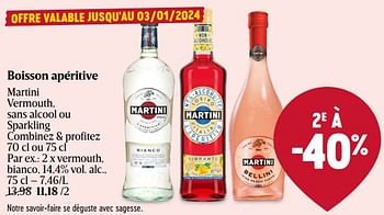 Promotions Boisson apéritive martini vermouth, bianco - Martini - Valide de 23/11/2023 à 29/11/2023 chez Delhaize