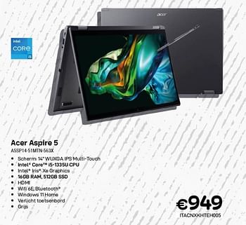 Promoties Acer aspire 5 assp14-51mtn-563x - Acer - Geldig van 01/11/2023 tot 30/11/2023 bij Compudeals
