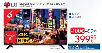 Promotions Lg smart ultra hd tv 43``-109 cm 43ur73006la - LG - Valide de 12/11/2023 à 30/11/2023 chez Eldi
