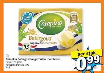 Promoties Campina botergoud ongezouten roomboter - Campina - Geldig van 27/11/2023 tot 03/12/2023 bij Albert Heijn
