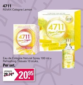 Promoties 4711 remix cologne lemon eau de cologne natural spray + refreshing tissues - 4711 - Geldig van 08/11/2023 tot 05/12/2023 bij De Online Drogist