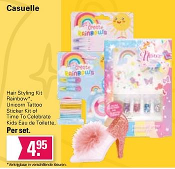 Promoties Casuelle hair styling kit rainbow, unicorn tattoo sticker kit of time to celebrate kids eau de toilette - Casuelle - Geldig van 08/11/2023 tot 05/12/2023 bij De Online Drogist