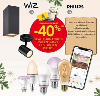 Promoties -40% op alle armaturen wiz en smart led-lampen philips - Philips - Geldig van 29/11/2023 tot 28/12/2023 bij Brico
