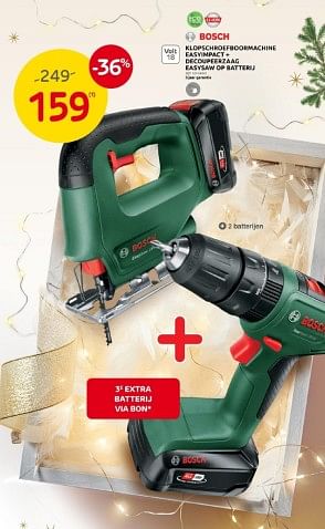 Promoties Bosch klopschroefboormachine easyimpact + decoupeerzaag easysaw op batterij - Bosch - Geldig van 29/11/2023 tot 28/12/2023 bij Brico