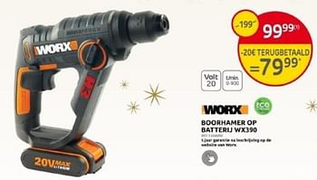 Promoties Worx boorhamer op batterij wx390 - Worx - Geldig van 29/11/2023 tot 28/12/2023 bij Brico