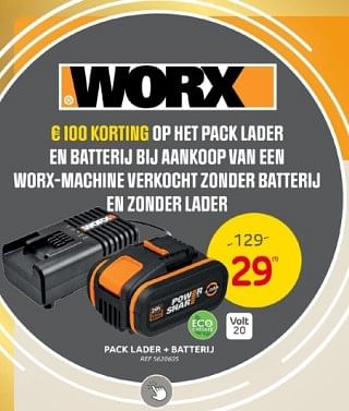 Promoties Worx pack lader + batterij - Worx - Geldig van 29/11/2023 tot 28/12/2023 bij Brico
