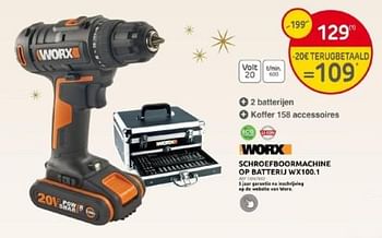 Promoties Worx schroefboormachine op batterij wx100.1 - Worx - Geldig van 29/11/2023 tot 28/12/2023 bij Brico