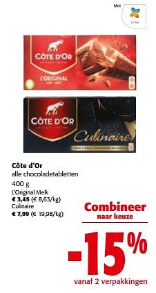 Promoties Côte d`or alle chocoladetabletten - Cote D'Or - Geldig van 29/11/2023 tot 12/12/2023 bij Colruyt