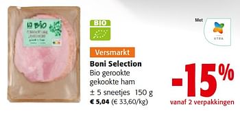 Promoties Boni selection bio gerookte gekookte ham - Boni - Geldig van 29/11/2023 tot 12/12/2023 bij Colruyt
