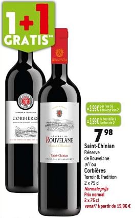 Promoties Saint-chinian réserve de rouvelane of - ou corbières terroir + tradition - Rode wijnen - Geldig van 29/11/2023 tot 05/12/2023 bij Match