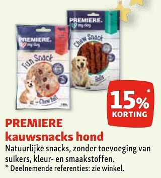 Promoties Premiere kauwsnacks hond 15% korting - Premiere - Geldig van 06/12/2023 tot 11/12/2023 bij Maxi Zoo