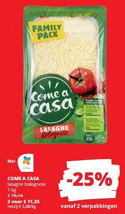 Promoties Come a casa lasagne bolognese - Come a Casa - Geldig van 30/11/2023 tot 13/12/2023 bij Spar (Colruytgroup)