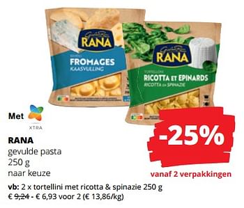 Promoties Rana gevulde pasta tortellini met ricotta + spinazie - Giovanni rana - Geldig van 30/11/2023 tot 13/12/2023 bij Spar (Colruytgroup)
