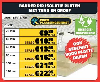 Promoties Bauder pir isolatie platen met tand en groef 20 mm - Bauder - Geldig van 04/12/2023 tot 31/12/2023 bij Bouwcenter Frans Vlaeminck