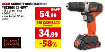 Promoties Black + decker accu schroefboormachine bcd001c1-qw - Black & Decker - Geldig van 06/12/2023 tot 17/12/2023 bij Hubo