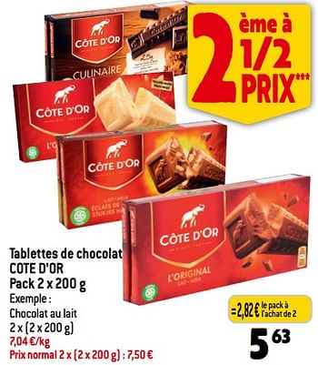Promotions Tablettes de chocolat cote d’or - Cote D'Or - Valide de 06/12/2023 à 12/12/2023 chez Smatch