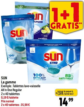 Promotions Sun tablettes lave-vaisselle all in one regular - Sun - Valide de 06/12/2023 à 12/12/2023 chez Match