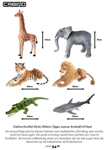 Promoties Cabino knuffel giraf, olifant, tijger, leeuw, krokodil of haai - Cabino - Geldig van 03/12/2023 tot 30/12/2023 bij Baby & Tiener Megastore