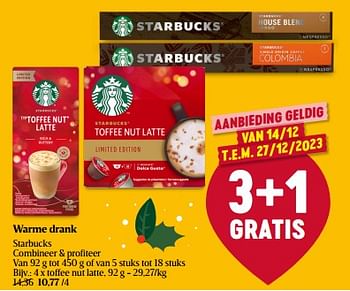 Promoties Warme drank starbucks toffee nut latte - Starbucks - Geldig van 14/12/2023 tot 20/12/2023 bij Delhaize