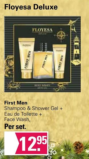 Promotions First men shampoo + shower gel + eau de toilette + face wash - Floyesa - Valide de 29/11/2023 à 23/12/2023 chez De Online Drogist