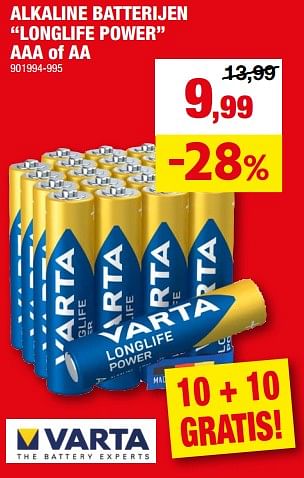 Promoties Alkaline batterijen longlife power aaa of aa - Varta - Geldig van 13/12/2023 tot 24/12/2023 bij Hubo