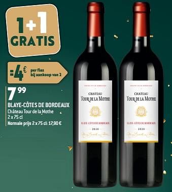 Promoties Blaye-côtes de bordeaux château tour de la mothe - Rode wijnen - Geldig van 13/12/2023 tot 19/12/2023 bij Louis Delhaize