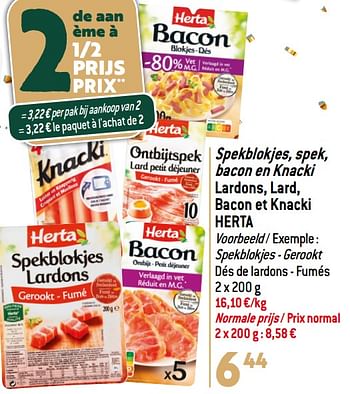 Promoties Spekblokjes, spek, bacon en knacki lardons, lard, bacon et knacki herta - Herta - Geldig van 13/12/2023 tot 19/12/2023 bij Match