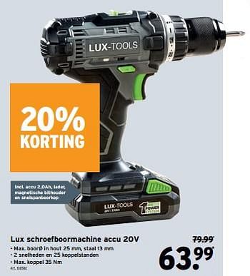 Promoties Lux schroefboormachine accu 20v - Lux Tools - Geldig van 13/12/2023 tot 19/12/2023 bij Gamma