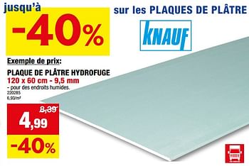 Promotions Plaque de plâtre hydrofuge - Knauf - Valide de 13/12/2023 à 24/12/2023 chez Hubo