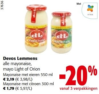 Promoties Devos lemmens alle mayonaise, mayo light of orion - Devos Lemmens - Geldig van 13/12/2023 tot 31/12/2023 bij Colruyt