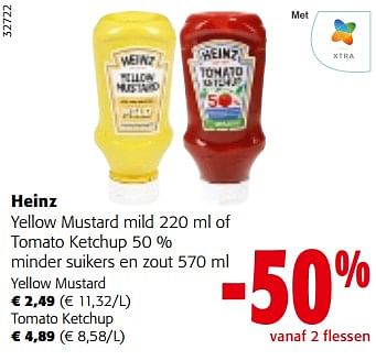 Promoties Heinz yellow mustard mild of tomato ketchup 50 % minder suikers en zout - Heinz - Geldig van 13/12/2023 tot 31/12/2023 bij Colruyt