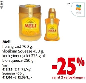 Promoties Meli honing vast vloeibaar squeeze koninginnengelei of bio squeeze - Meli - Geldig van 13/12/2023 tot 31/12/2023 bij Colruyt