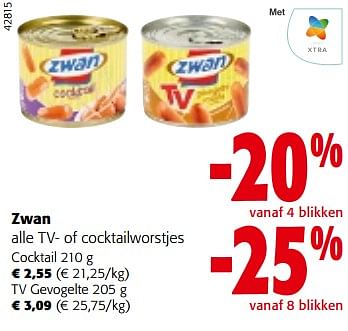 Promoties Zwan alle tv- of cocktailworstjes - Zwan - Geldig van 13/12/2023 tot 31/12/2023 bij Colruyt
