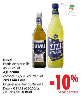 Promoties Duval pastis de marseille of aguacana cachaça of zizi coin coin original aperitief - Huismerk - Colruyt - Geldig van 13/12/2023 tot 31/12/2023 bij Colruyt