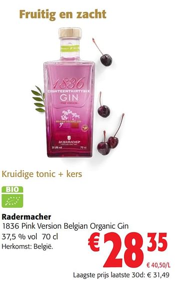 Promoties Radermacher 1836 pink version belgian organic gin - Radermacher - Geldig van 13/12/2023 tot 31/12/2023 bij Colruyt