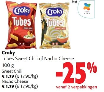 Promoties Croky tubes sweet chili of nacho cheese - Croky - Geldig van 13/12/2023 tot 31/12/2023 bij Colruyt