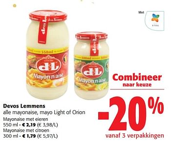 Promoties Devos lemmens alle mayonaise, mayo light of orion - Devos Lemmens - Geldig van 13/12/2023 tot 31/12/2023 bij Colruyt