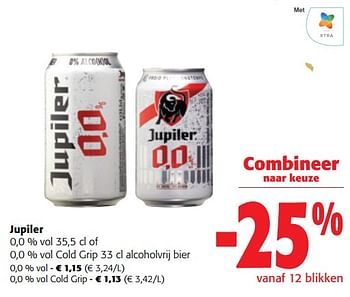 Promotions Jupiler 0,0 % vol of cold grip alcoholvrij bier - Jupiler - Valide de 13/12/2023 à 31/12/2023 chez Colruyt
