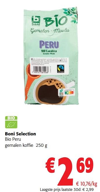 Promoties Boni selection bio peru gemalen koffie - Boni - Geldig van 13/12/2023 tot 31/12/2023 bij Colruyt