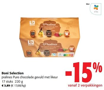 Promoties Boni selection pralines pure chocolade gevuld met likeur - Boni - Geldig van 13/12/2023 tot 31/12/2023 bij Colruyt